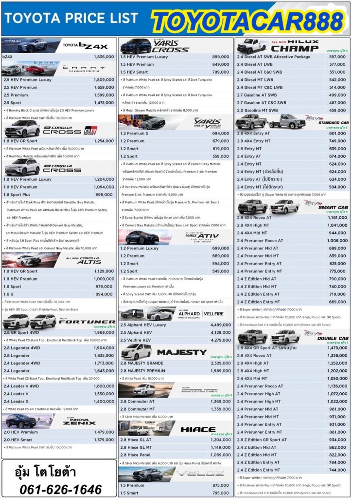 ราคารถโตโยต้าป้ายเเดง-toyota-price2024-revo-yaris-fortuner-corolla-cross